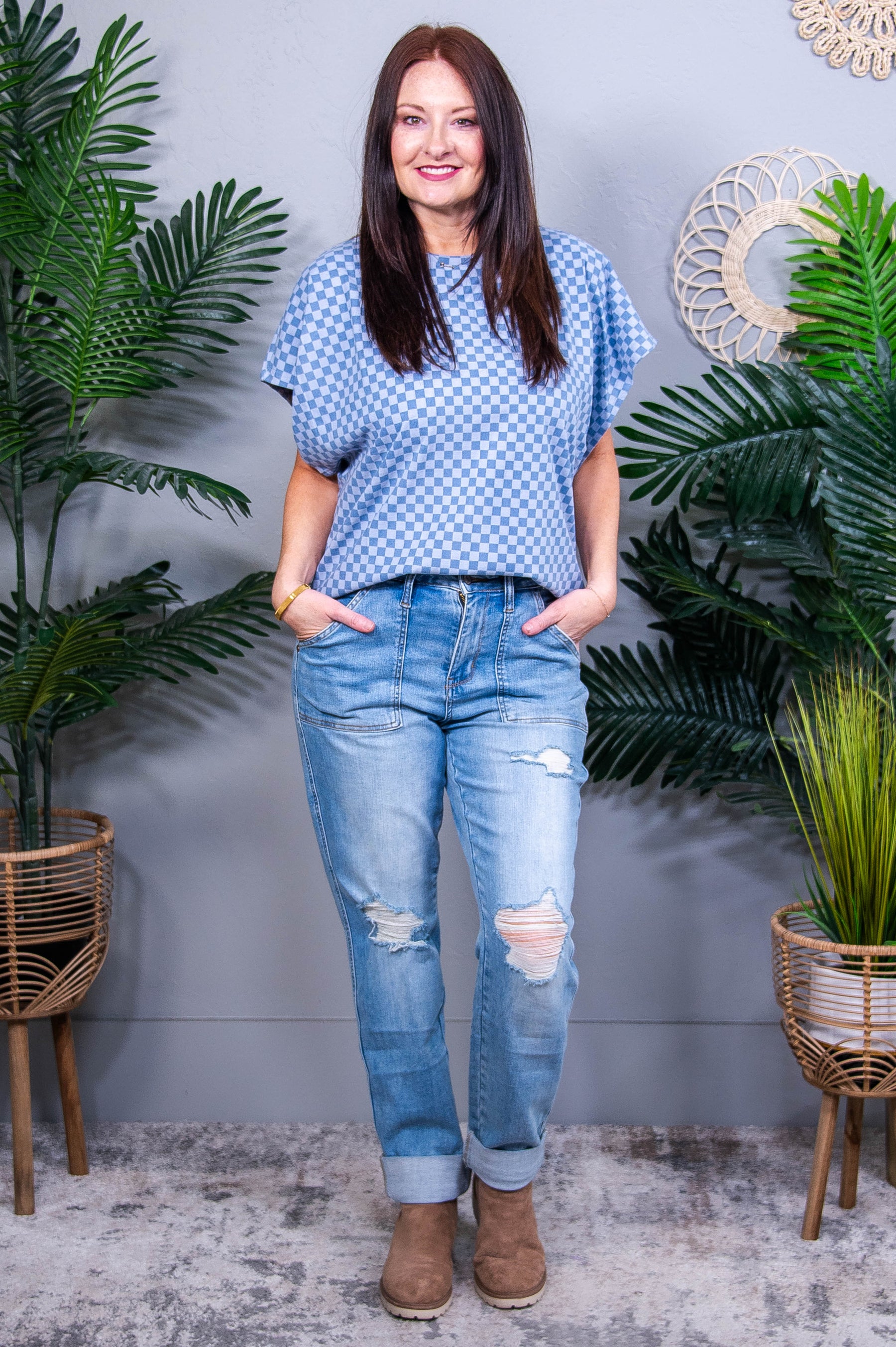 Check Your Vibe Blue Checkered Top T11257BL