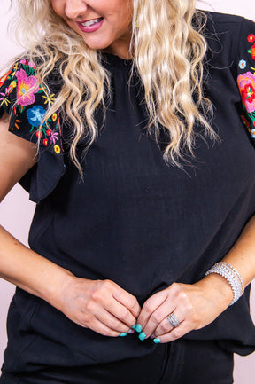 Gotta Get There Black/Multi Color Floral Embroidered Top - T9555BK