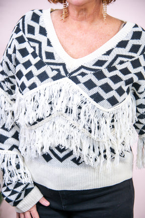 Countryside Retreat Off White/Black Printed Fringe Sweater - T8791OW