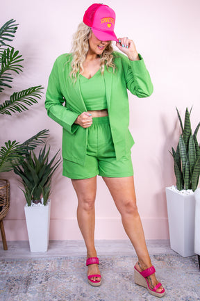Sure Feels Right Green Solid Cropped Top/Blazer/Short (3-Piece Set) - T9550GN