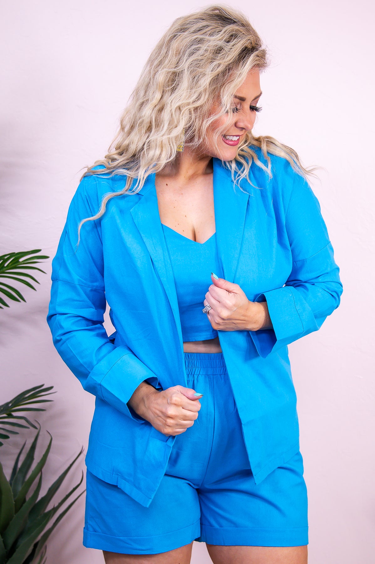 Sure Feels Right Blue Solid Cropped Top/Blazer/Short (3-Piece Set) - T9549BL
