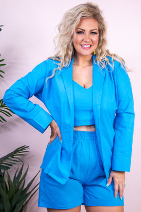 Sure Feels Right Blue Solid Cropped Top/Blazer/Short (3-Piece Set) - T9549BL