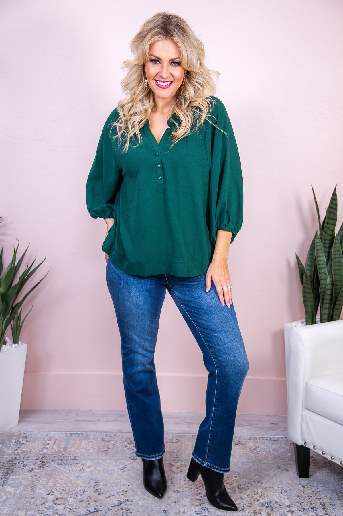 Forever In Fashion Forest Green Solid V Neck Top - T8135FGN