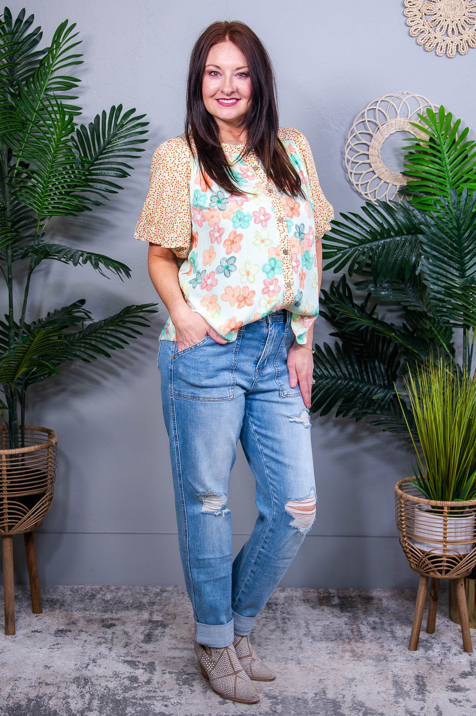 Born To Blossom Button Down Bubble Sleeve Top- T11268LG