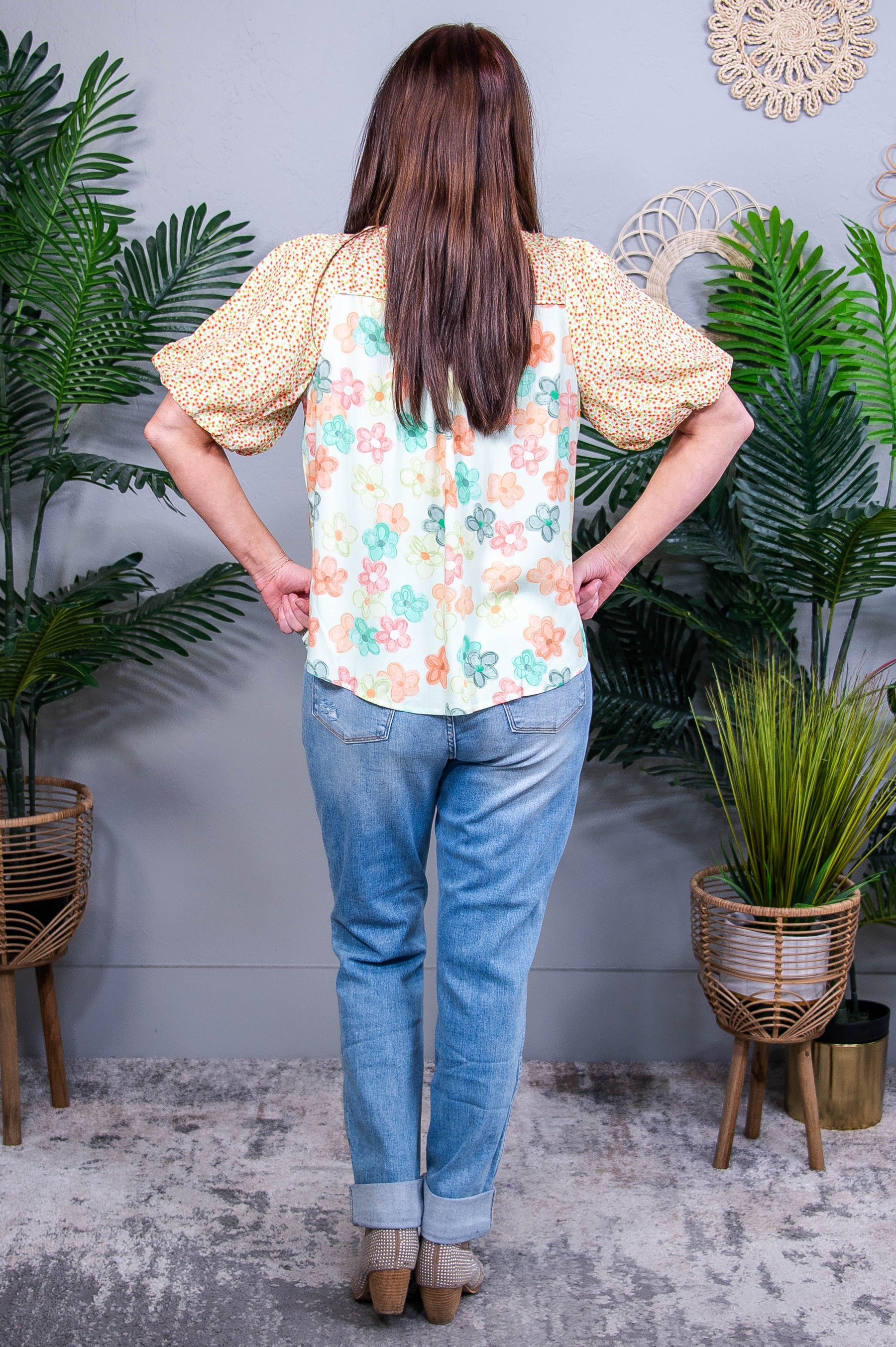 Born To Blossom Button Down Bubble Sleeve Top- T11268LG