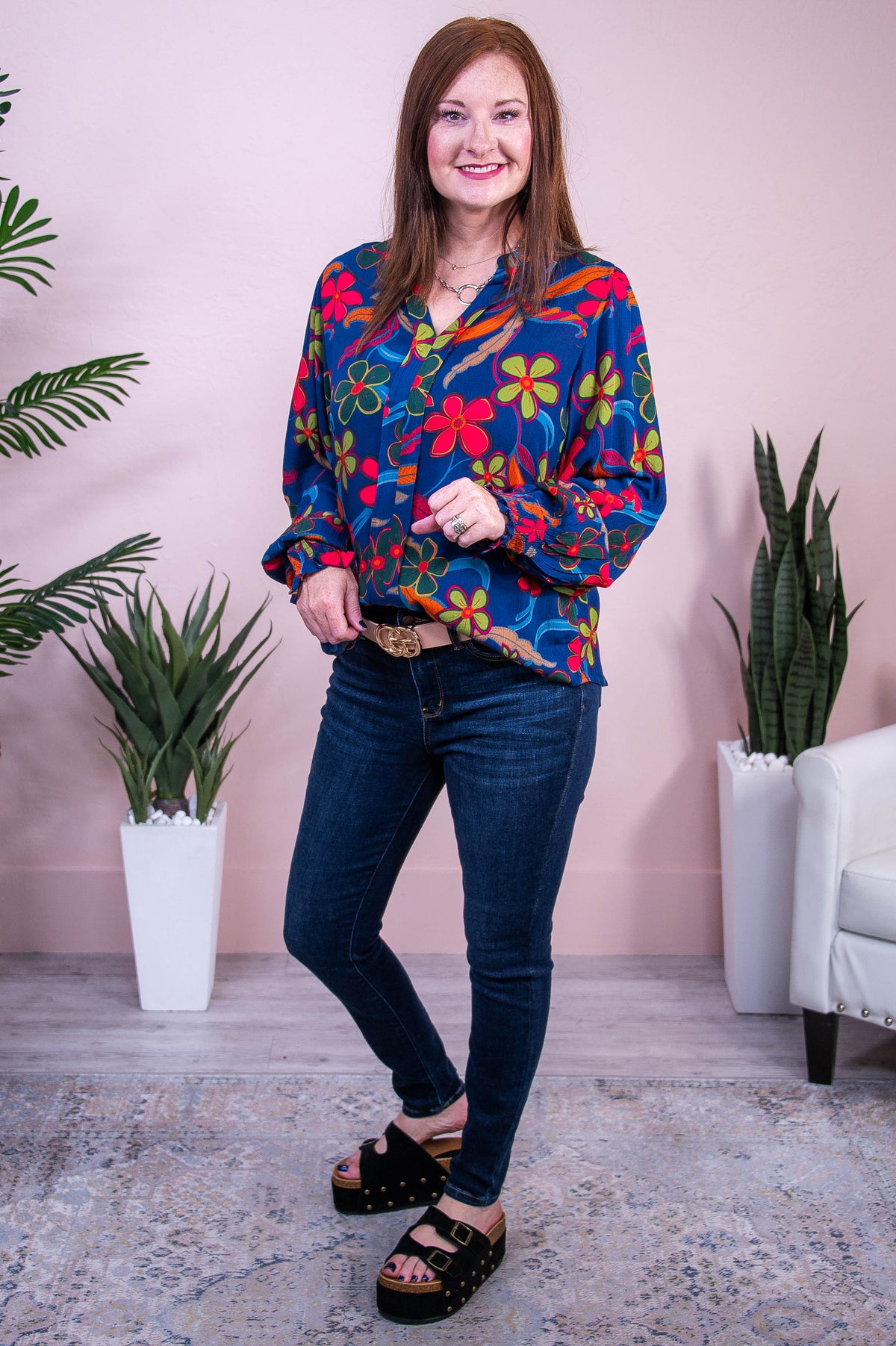 Style Statement Navy/Multi Color Floral Top - T10403NV