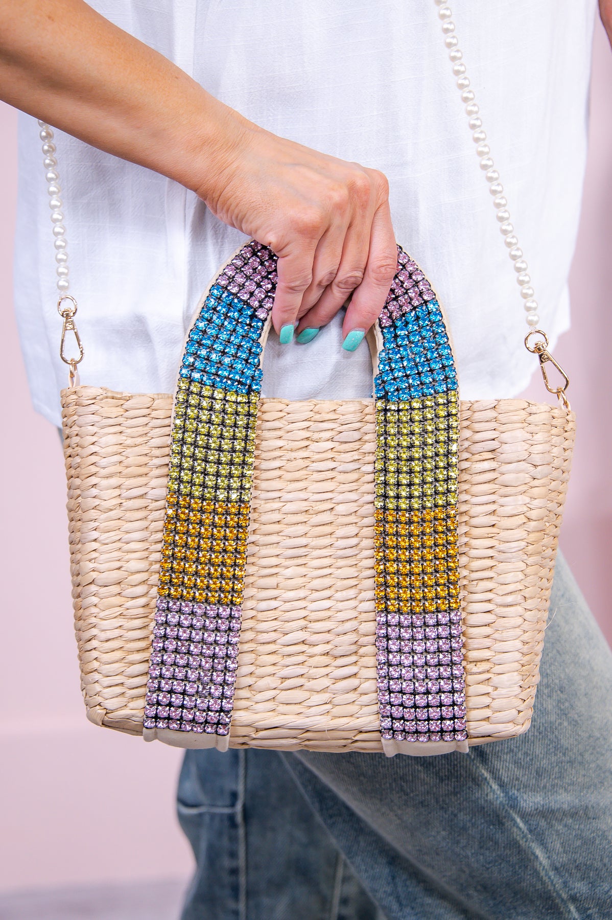 Completely In Tune Natural/Multi Color Woven Rainbow Bling Bag - BAG1876NA