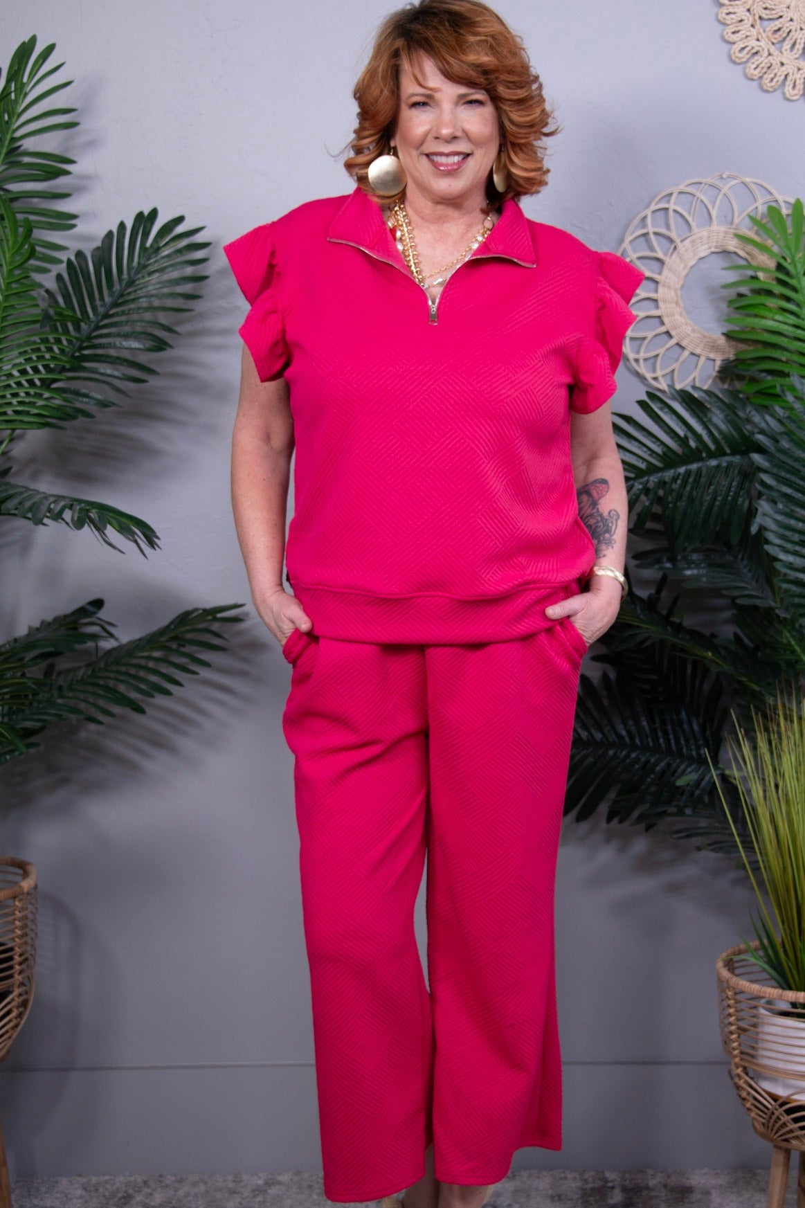 Set For Life Deep Rose Texture Top and Drawstring Wide Leg Pant Set - T11341RO