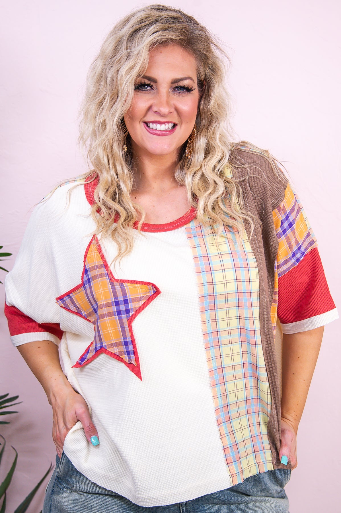Set The Expectation Berry/Multi Color Plaid/Star Patchwork Top - T9564BE