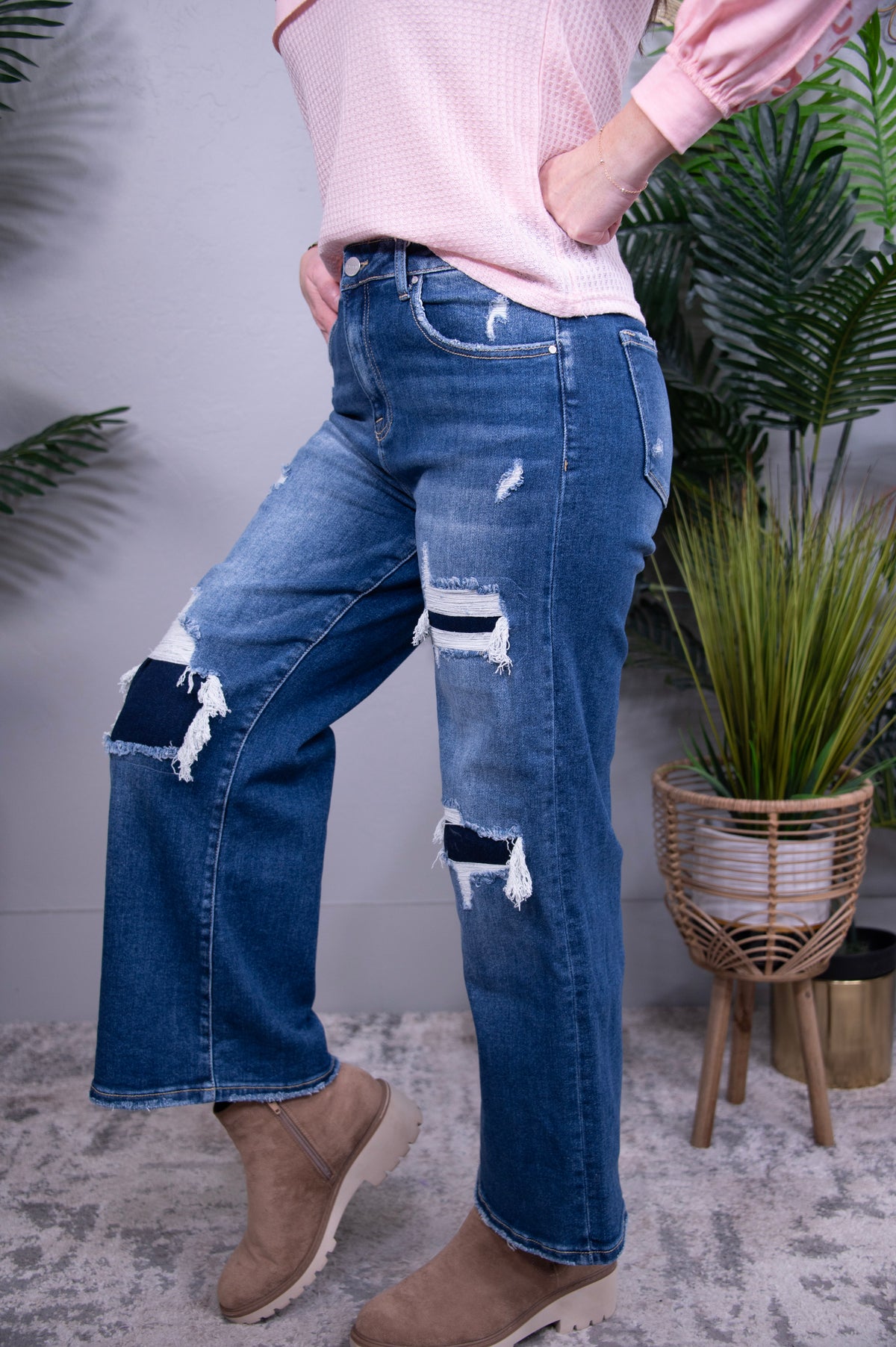 Jordan High Rise Patch Detailed Wide Leg Crop Jeans