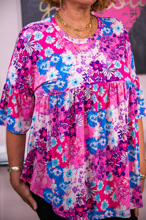 A Total Vision Pink/Multi Color Floral Babydoll Top - T7392PK