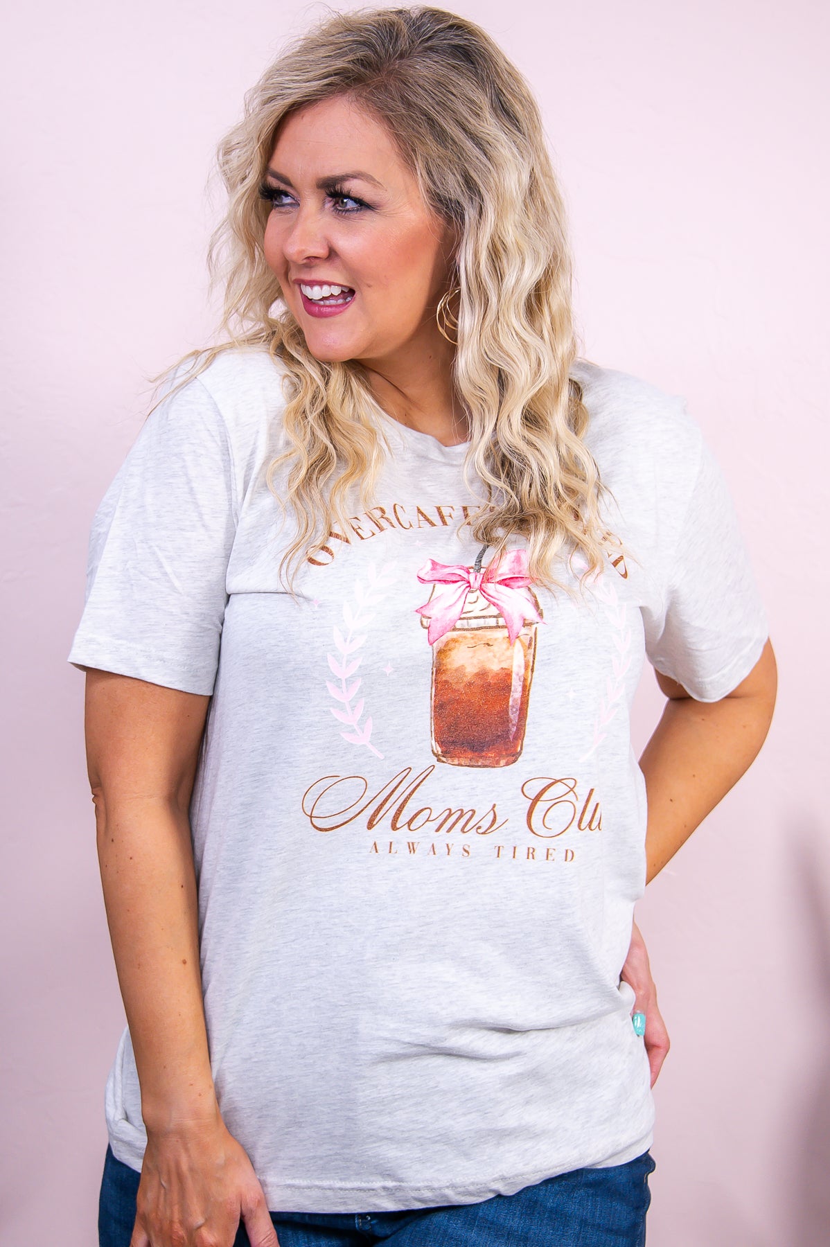 Overcaffeinated Mom's Club Heather Prism Natural Graphic Tee - A3332HPN