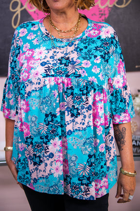 A Total Vision Aqua/Multi Color Floral Babydoll Top - T7393AQ