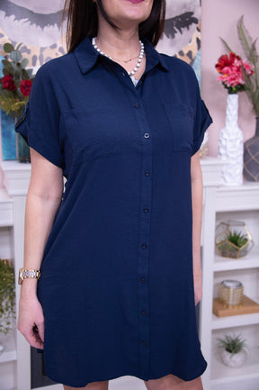 Set The Trend Deep Dark Navy Shirt Dress