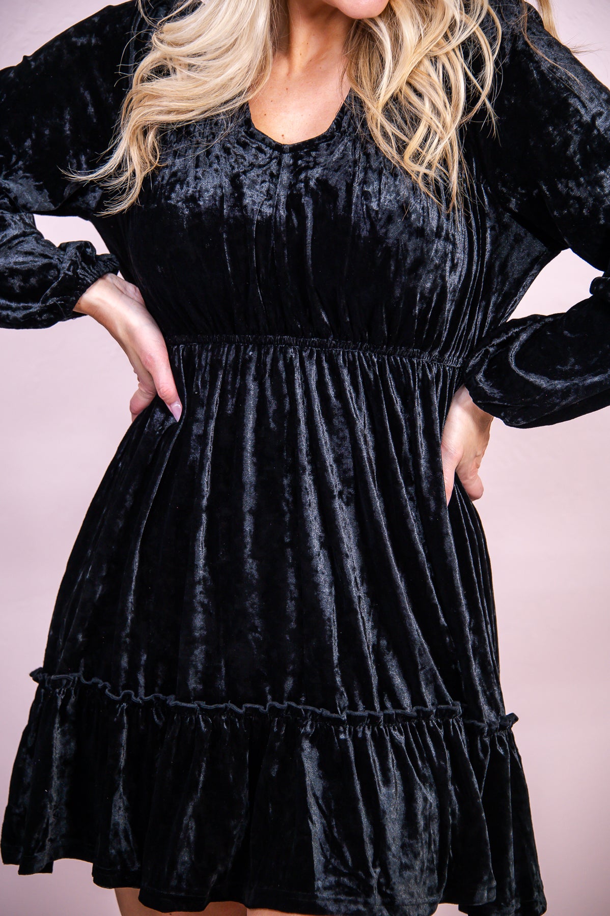 Life Of Luxury Black Solid Velvet V Neck Dress - D5014BK