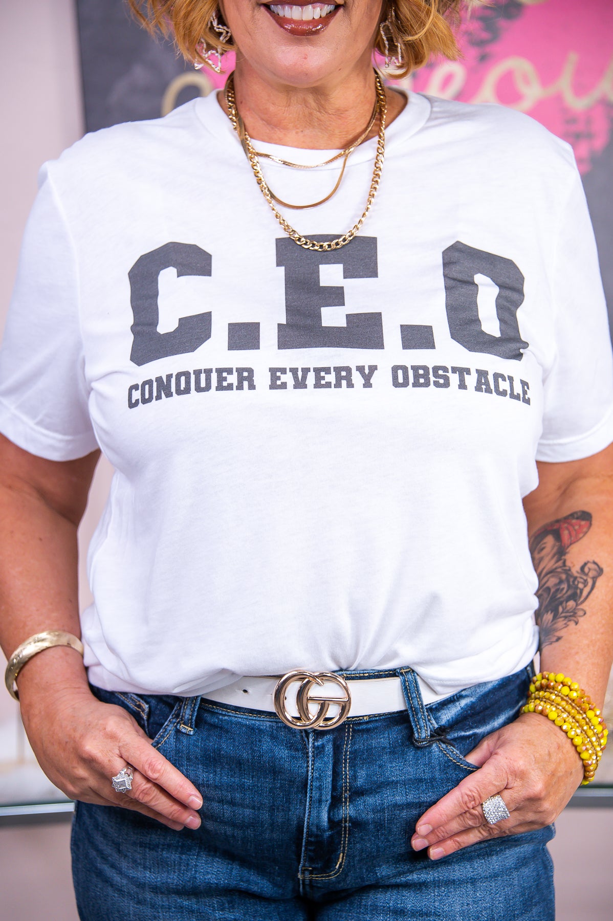 C.E.O Conquer Every Obstacle White Graphic Tee - A2818WH
