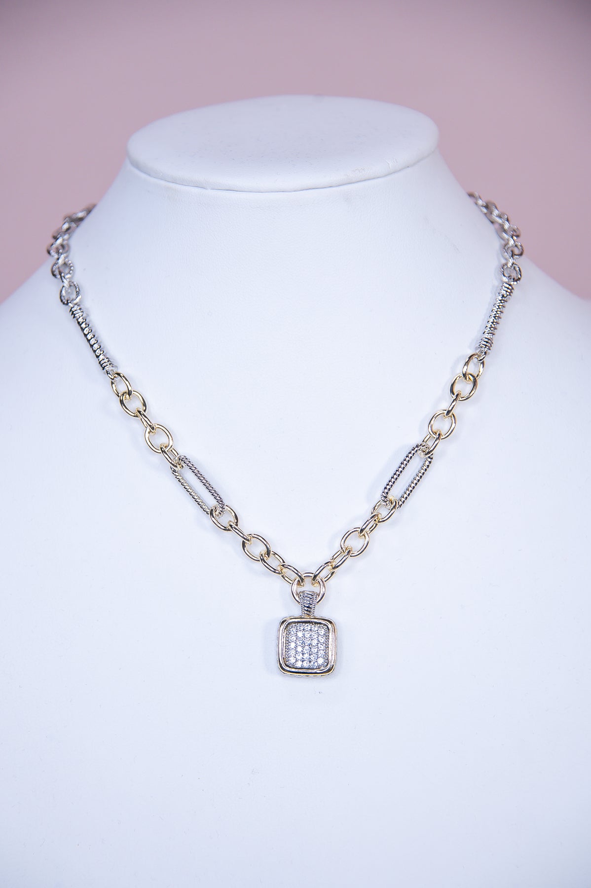 Silver/Gold Chain Link Bling Square Pendant Necklace - Nek4336SI