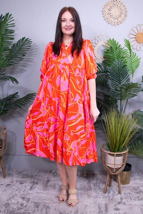 Fashionably Late Coral Tiered Printed Collared Neck Midi Dress