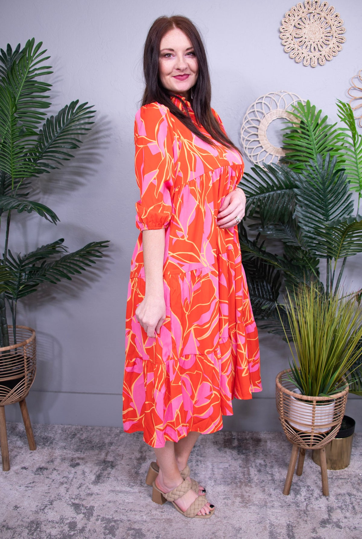 Fashionably Late Coral Tiered Printed Collared Neck Midi Dress - D5727CO