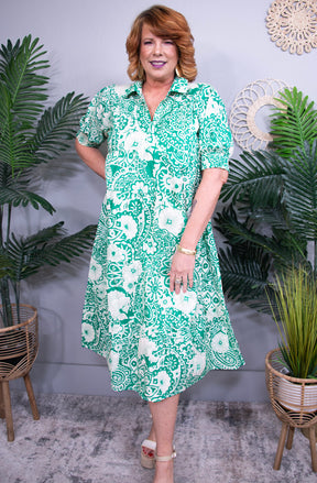 Simply Chic Green Printed Smocked Midi Dress - D5703GN