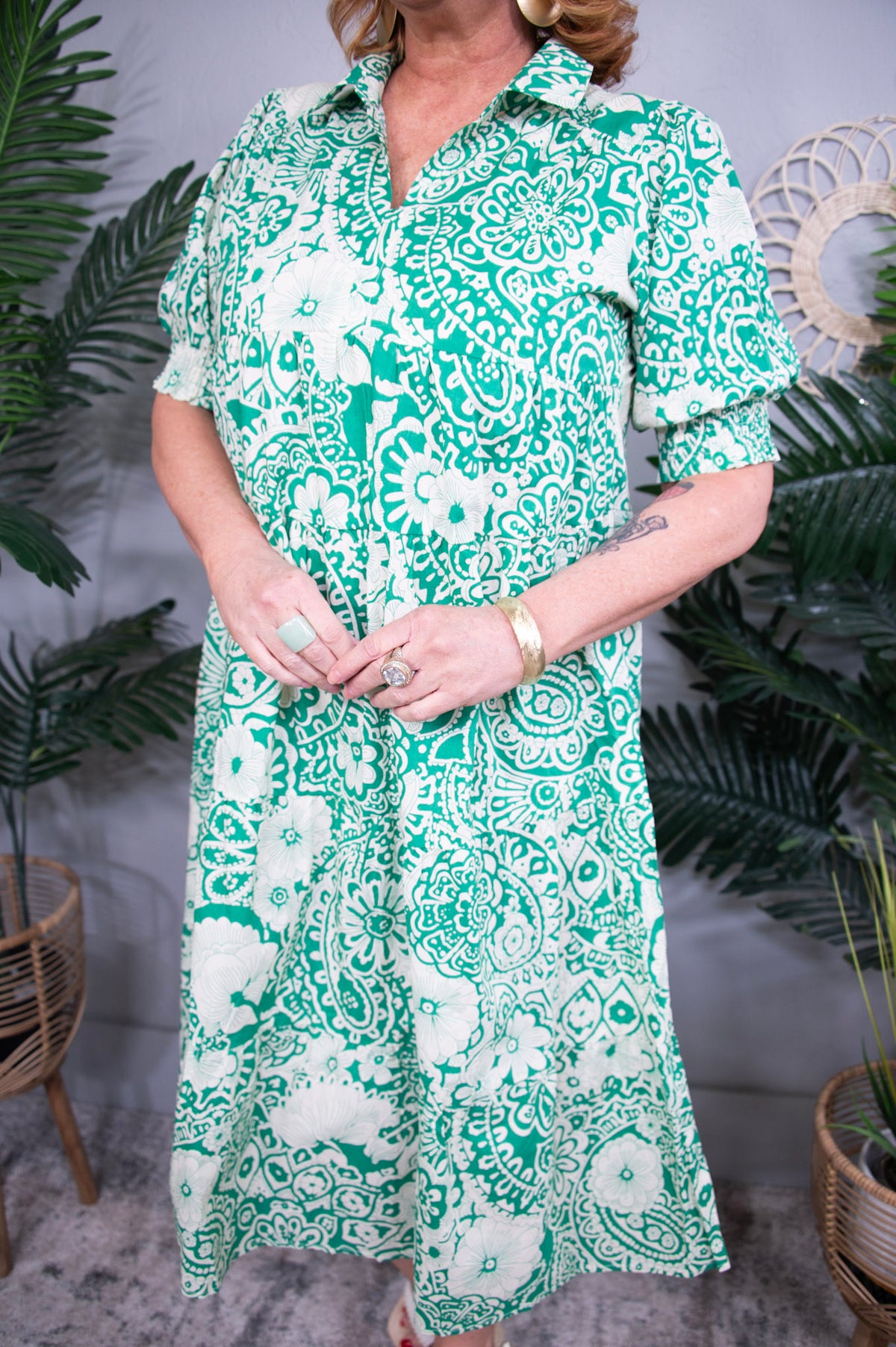 Simply Chic Green Printed Smocked Midi Dress - D5703GN