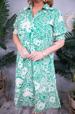 Simply Chic Green Printed Smocked Midi Dress - D5703GN