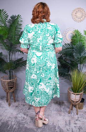 Simply Chic Green Printed Smocked Midi Dress - D5703GN