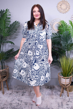 Simply Chic Dark Blue Printed Smocked Midi Dress