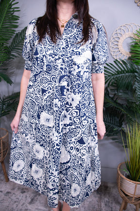 Simply Chic Dark Blue Printed Smocked Midi Dress - D5705BL