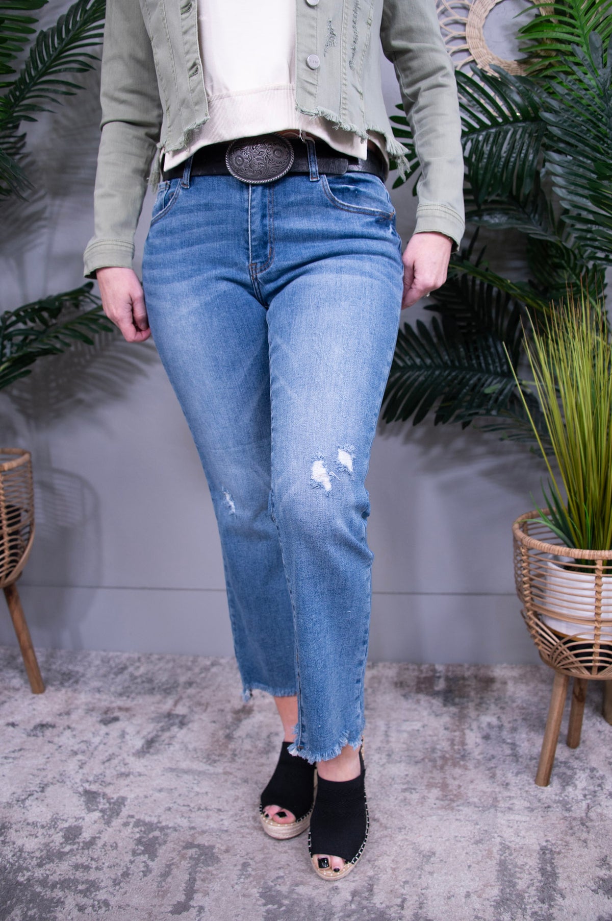 Sienna Raw Hem Distressed Mid Rise Crop Jean