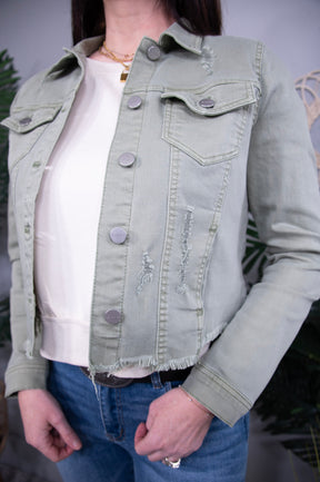 Crop It Out Sage Raw Hem Cropped Denim Jacket