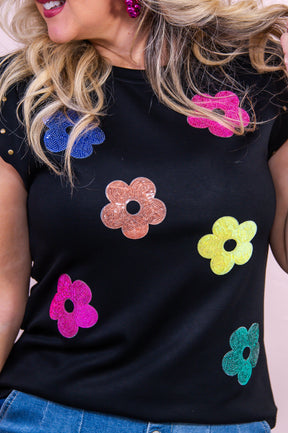Turn The Heat Up Black/Multi Color Floral Sequin/Studded Top - T9579BK