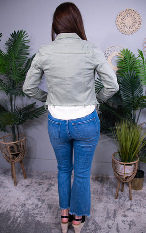 Crop It Out Sage Raw Hem Cropped Denim Jacket