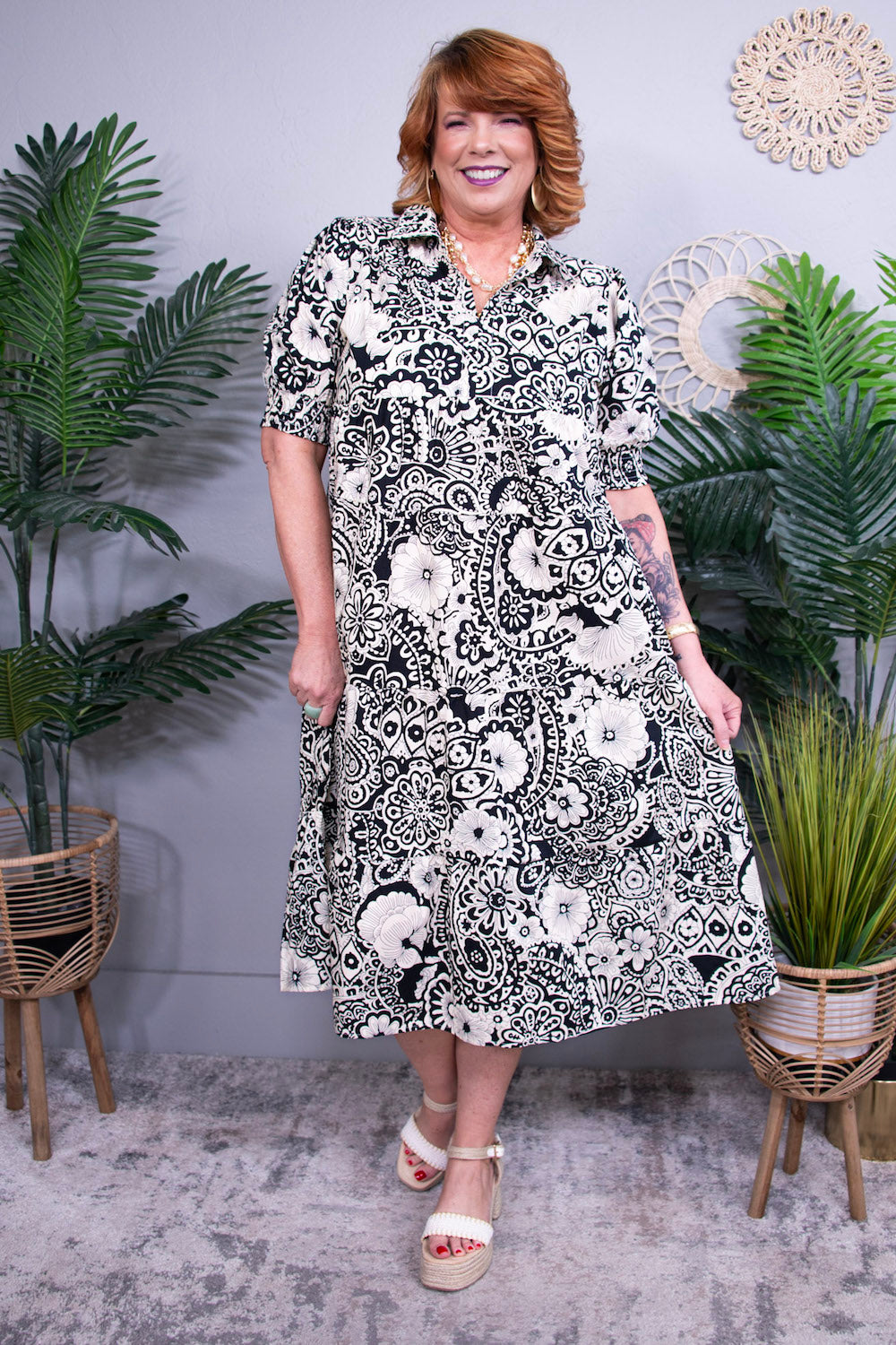 Simply Chic Black Printed Smocked Midi Dress - D5680BK