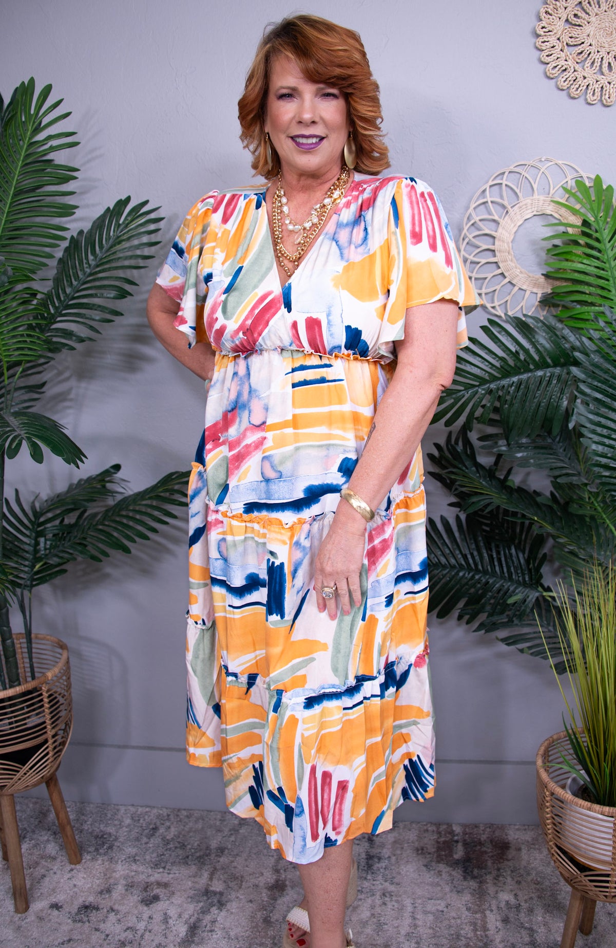 Floral Glow Up Tangerine Abstract Print Tiered Midi Dress - D5715TG