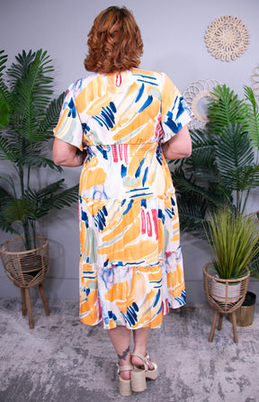 Floral Glow Up Tangerine Abstract Print Tiered Midi Dress - D5715TG