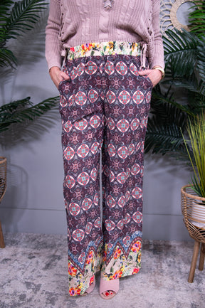 Wear The Print Maroon Mixed Print Elastic Waistband Pant