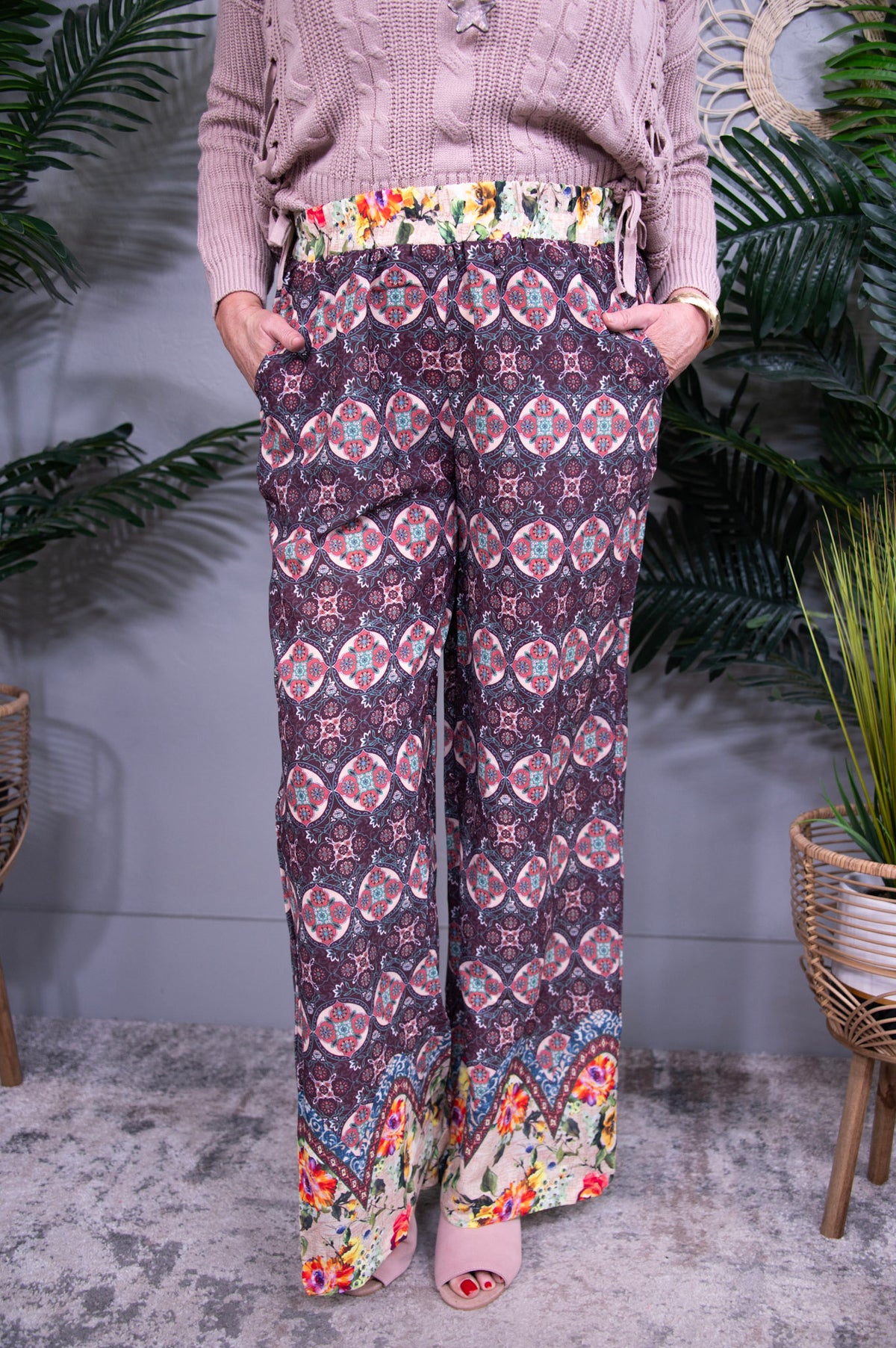 Wear The Print Maroon Mixed Print Elastic Waistband Pant - PNT1811MA