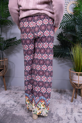 Wear The Print Maroon Mixed Print Elastic Waistband Pant