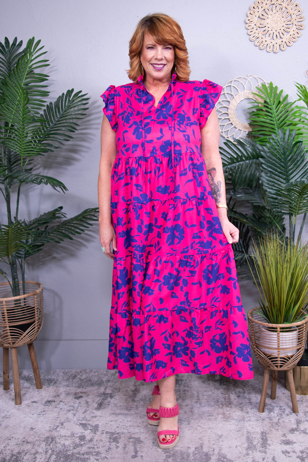 Pretty Petal Bliss Ruffled Printed Notched Cap Sleeve Midi Dress - D5720RV
