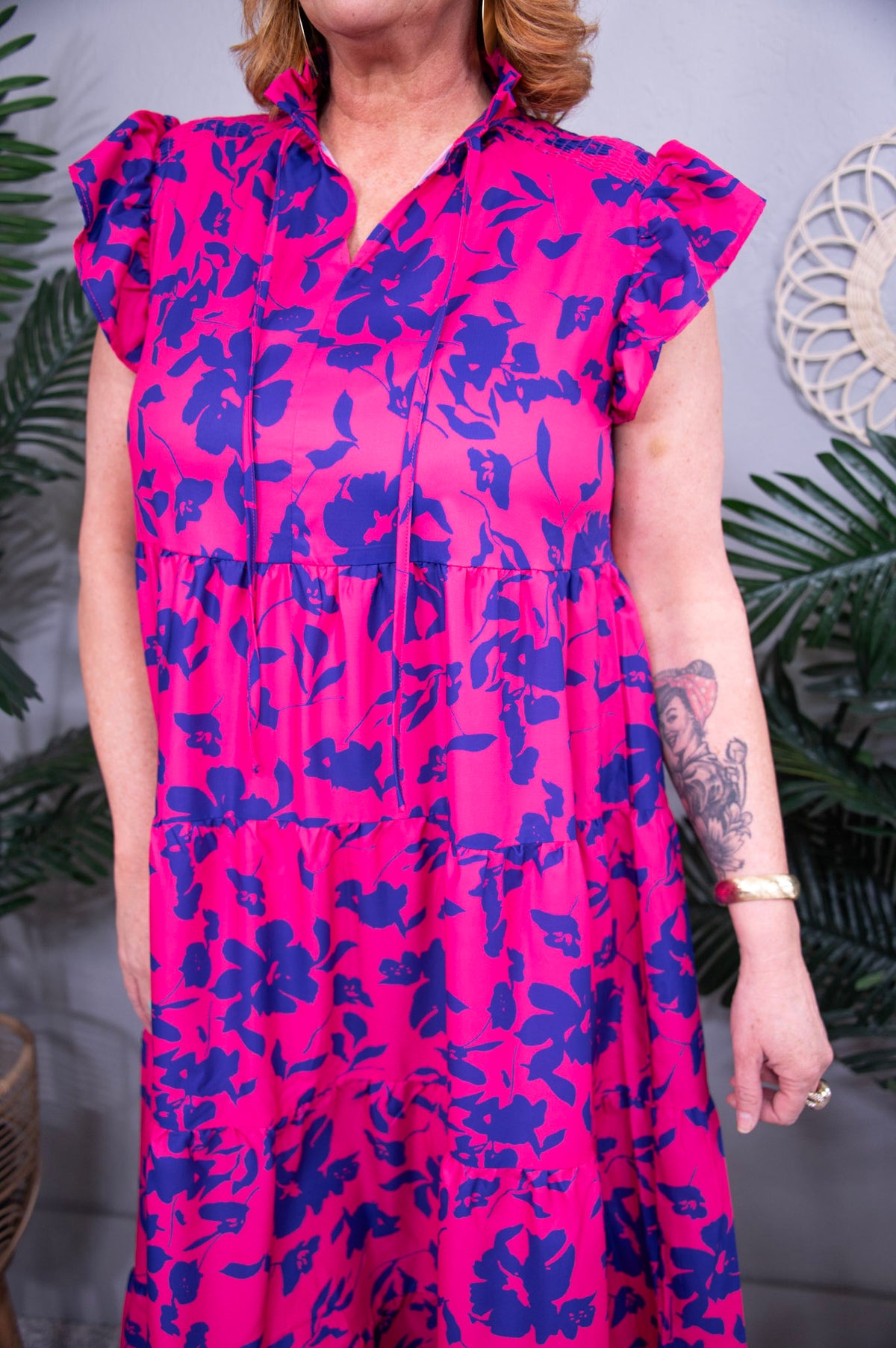 Pretty Petal Bliss Ruffled Printed Notched Cap Sleeve Midi Dress