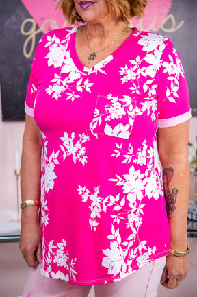 Need More Tropical Days Fuchsia/White Floral V Neck Top - T7405FU