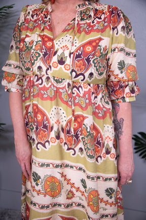 Go Boldly Tiered Border Print Midi Dress