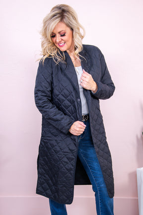Crisp Fall Air Black Solid Quilted Long Jacket - O5024BK