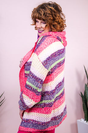 Fan Favorite Fuchsia/Multi Color Striped Knitted Cardigan - O5277FU