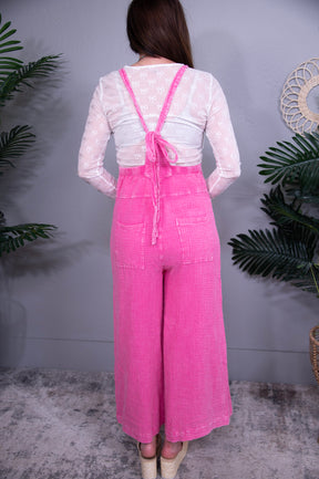 Overall Vibes Barbie Pink Textured Wide Leg Overalls