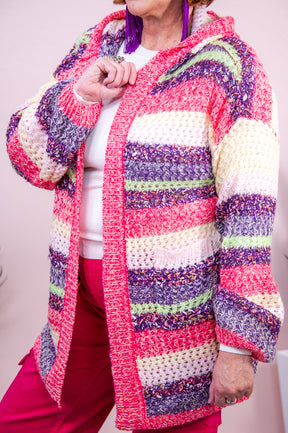 Fan Favorite Fuchsia/Multi Color Striped Knitted Cardigan - O5277FU