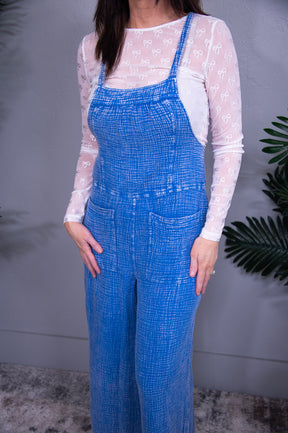 Overall Vibes Blue Textured Wide Leg Overalls
