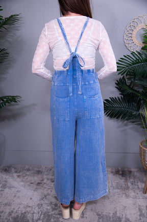 Overall Vibes Blue Textured Wide Leg Overalls