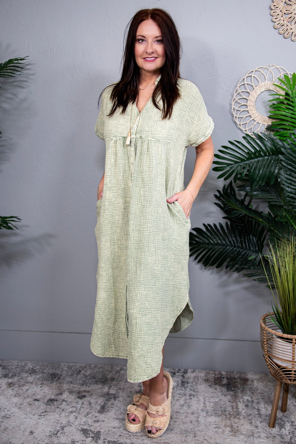 Dressed To Impress Sage Mineral Wash Shirt Dress - D5737SG